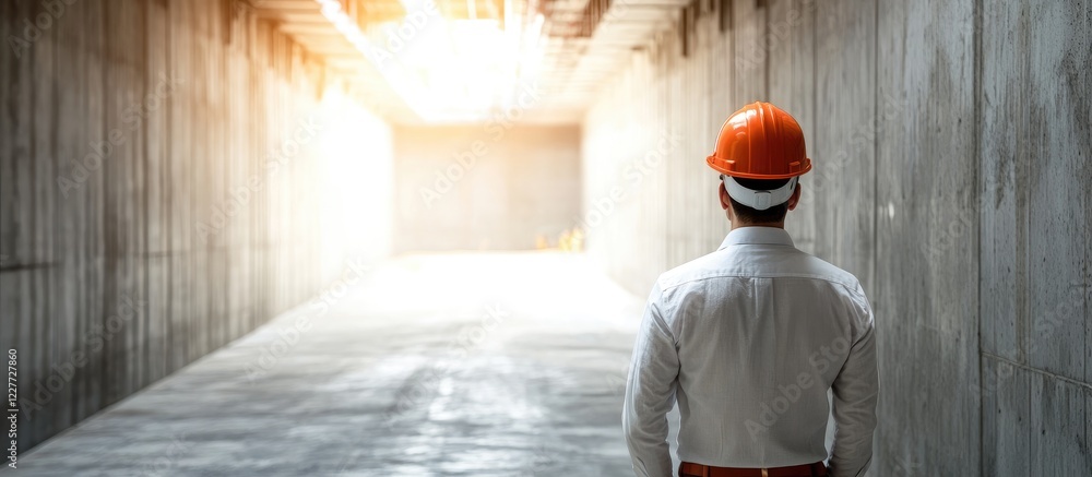 Aufkleber engineer inspecting tunnel construction site with hard hat and empty space for text background