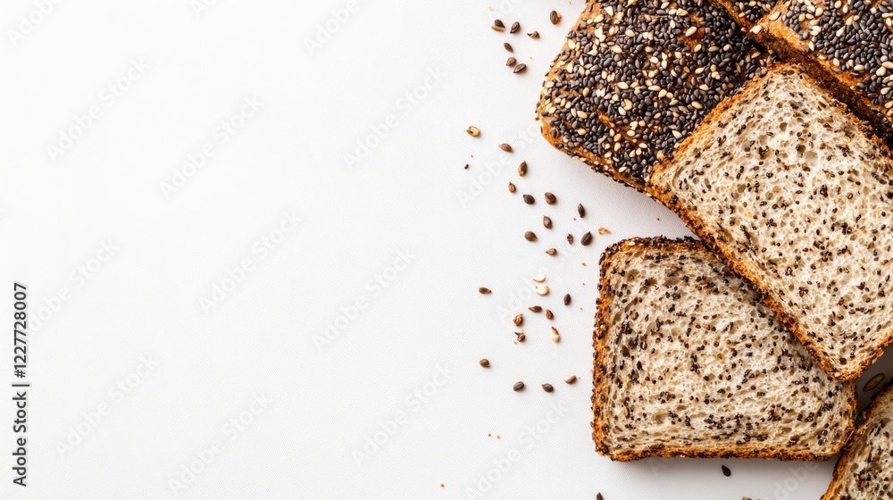 Poster sliced vegan sourdough bread with seeds arranged on a white background showcasing texture and color 