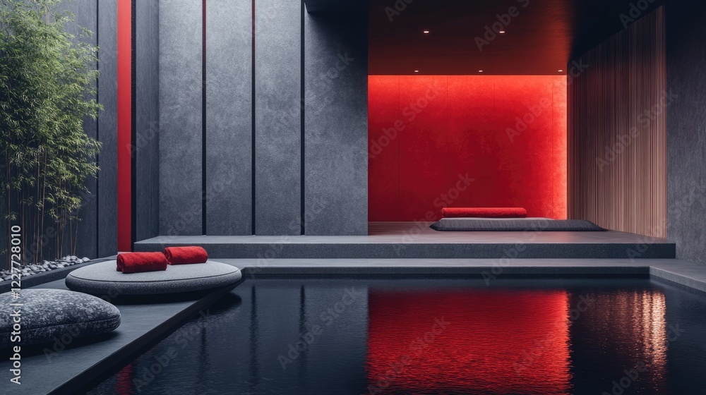 Poster tranquil spa interior design featuring gray and red color schemes with reflective water elements
