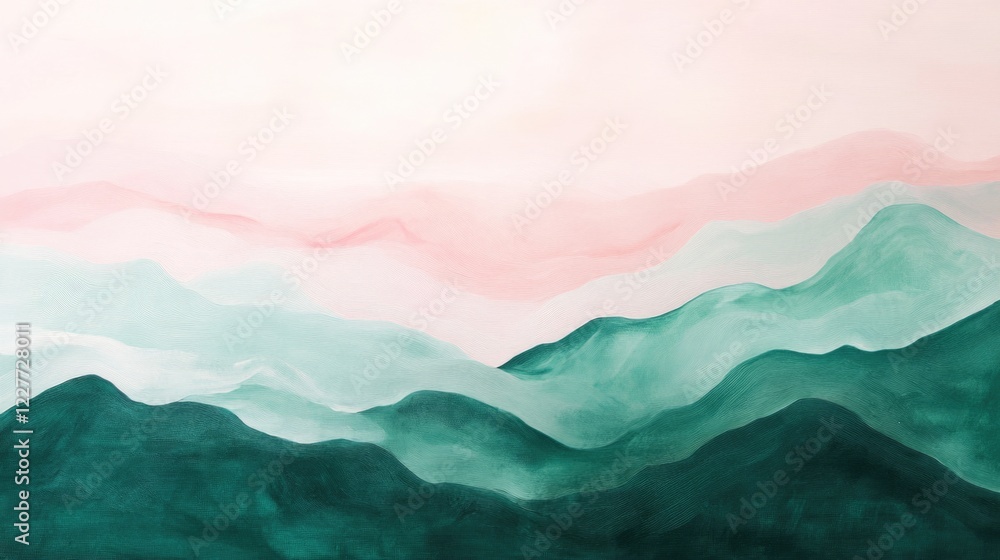 Poster serene blush and forest green abstract landscape with gentle flowing waves and soft hues capturing t
