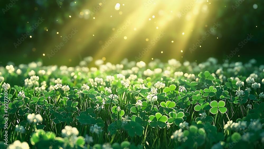 Poster sunbeams illuminating a field of clover.