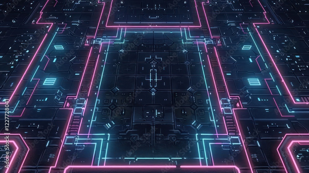 Poster futuristic digital landscape with neon circuits and glowing lines creating a tech-inspired design