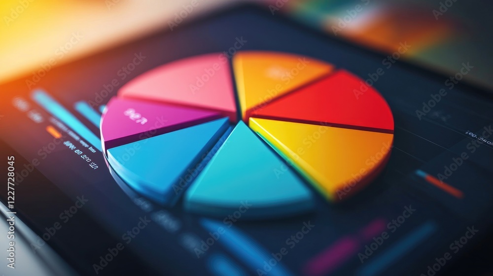 Poster a colorful d pie chart on a tablet screen, showcasing portfolio performance, with each slice represe