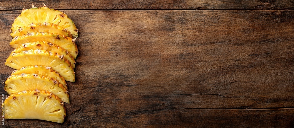 Poster fresh pineapple slices arranged on rustic wooden table with blank space for text or design elements