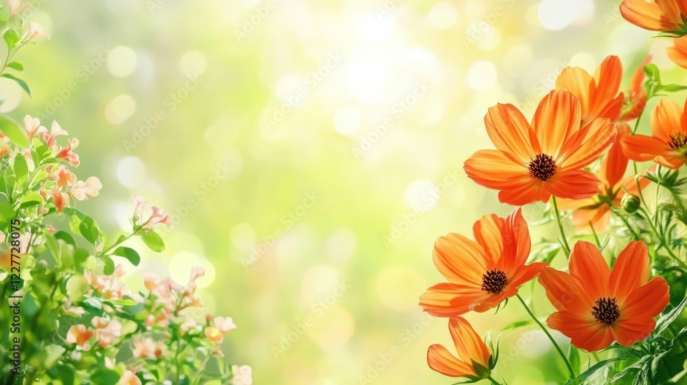 Aufkleber vibrant cosmos flowers in a sunlit garden with lush greenery and soft bokeh background creating an e