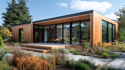 Fototapeta premium Modern House with Large Windows and Patio.