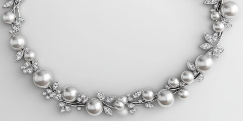 Elegant Silver Necklace Adorned with Pearls and Floral Accents on Soft Background for Text Placement