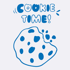 Vector doodle illustration of cookie with crumbs in blue line, lettering for coffee shop logo, pastry shop, bakery, branding, print, cookie time