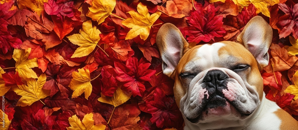 Poster english bulldog resting on colorful autumn leaves in a serene park setting with ample empty space fo