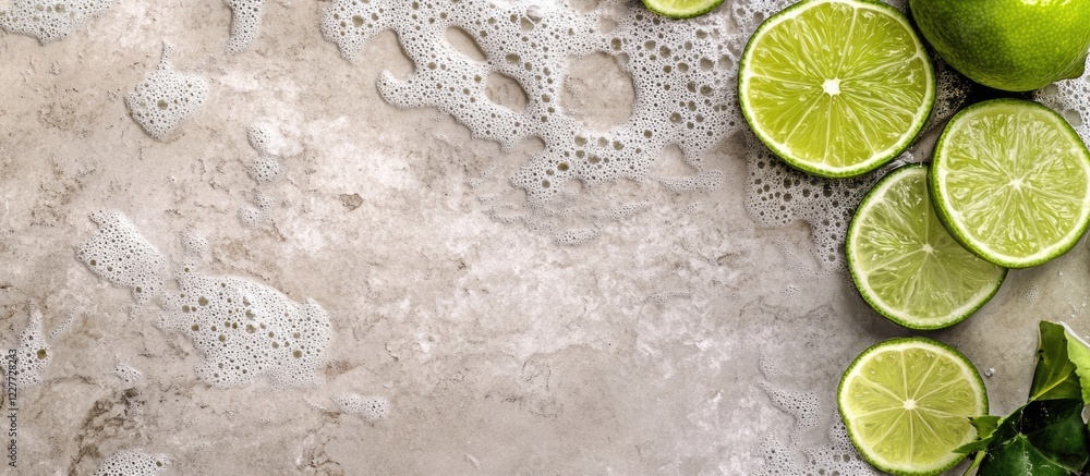 Poster fresh limes and lime slices on a textured surface with space for customization and creative copy