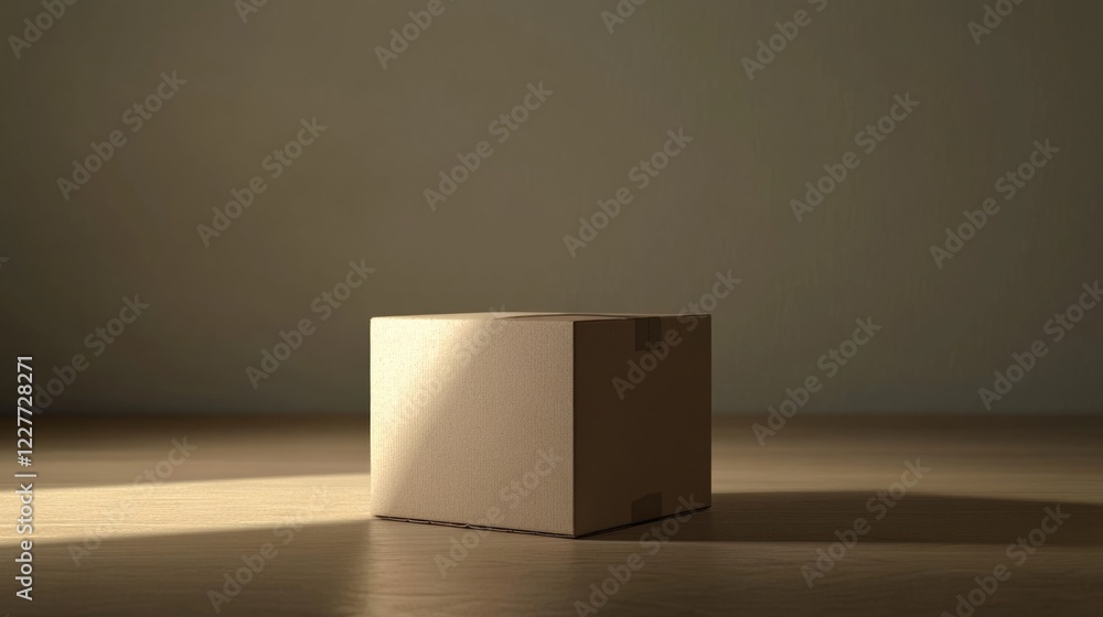 Poster cardboard box on wooden table illuminated by soft light with empty copyspace for minimalist design o