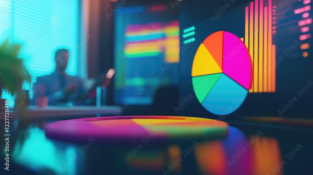 Poster a digital screen displaying a d pie chart with vibrant colors, illustrating revenue breakdown, while
