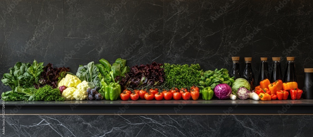 Poster colorful fresh raw vegetable salad bar display with various ingredients ready for preparation on dar