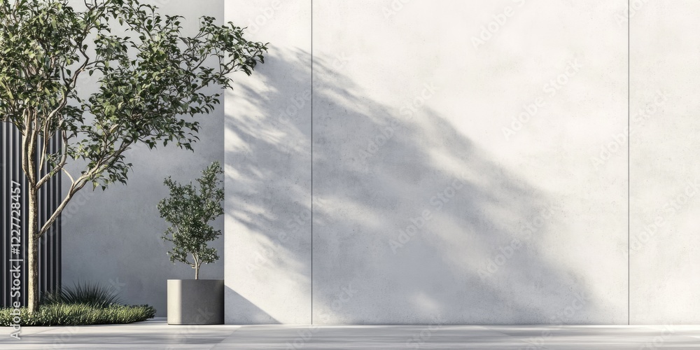 Poster elegant minimalist white concrete wall background with trees and shadows for creative text and desig