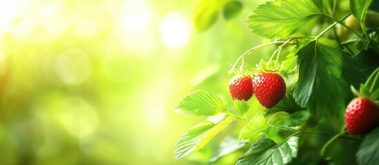 Summer-Fresh Strawberries with Green Leaves and Blurred Background Ideal for Text Overlay and Seasonal Promotions