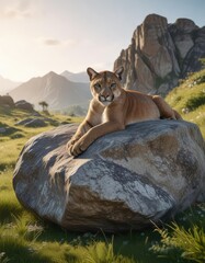 Puma resting on a large boulder in a secluded meadow, natural habitat, grassland