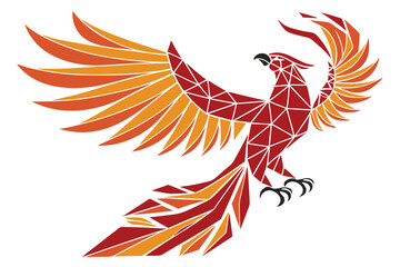 Geometric phoenix, abstract bird, origami-style, flame-colored, vibrant orange and red, angular shapes, rising wings, stylized feathers, minimalist design, vector art, fiery creature, mythical bird, d