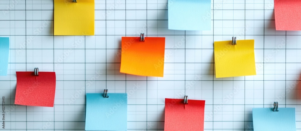 Poster colorful sticky notes on a grid background for enhanced service quality planning with copy space for