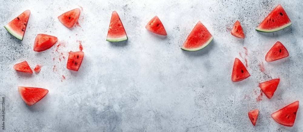 Poster fresh ripe watermelon slices arranged on gray surface with space for text or branding usage in food 