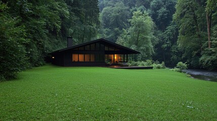 Modern cabin, forest river, evening light, tranquil retreat, nature escape