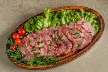 Fototapeta premium Sliced meat platter with herbs and tomatoes