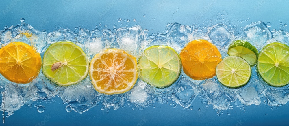 Poster citrus fruit slices frozen in ice cubes on blue background with clear space for text or graphics in 