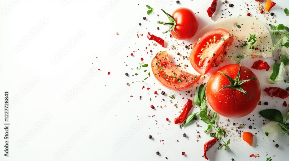 Poster flying sliced red tomatoes with spices and herbs on white background creating a dynamic food scene w