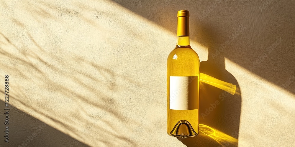 Poster elegant golden yellow wine bottle on a soft cream background with a long shadow and ample empty spac