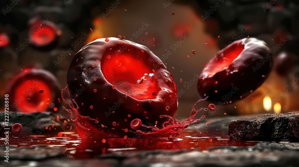 Poster floating red objects splashing in a dark, mystical environment with glowing lights and textures