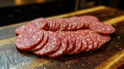 Sliced salami sausages arranged on rustic wooden surface showcasing texture and color of cured meats for culinary presentations.