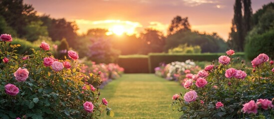 Serene English Garden at Sunset Featuring Blooming Roses and Ample Copy Space for Text Usage