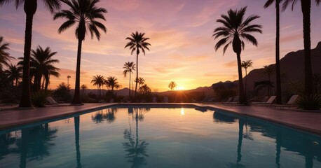Obraz premium Pool and palm trees under a stunning Arizona sunset, Arizona desert resort pool, warm weather retreat
