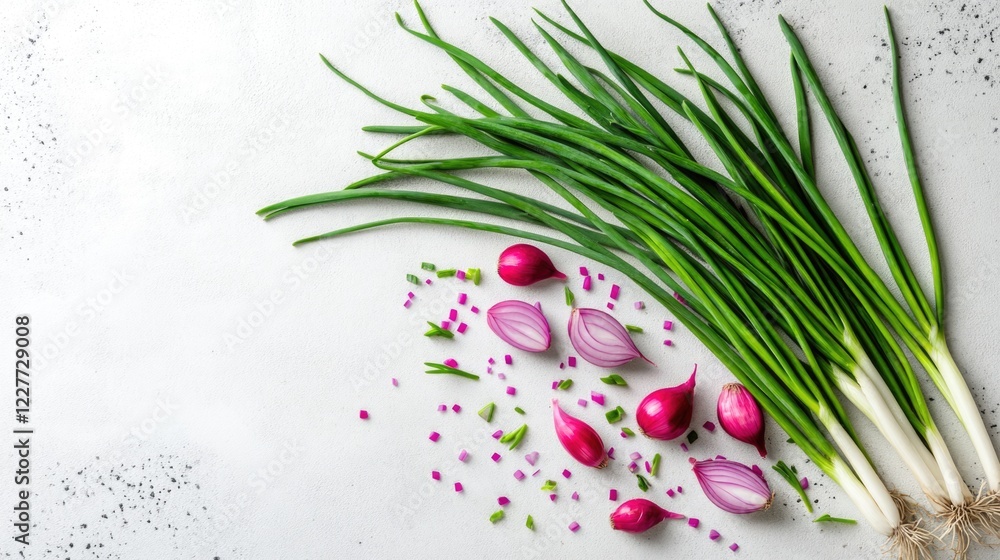 Poster fresh sliced red onions and green stems arranged on a white countertop with scattered pieces creatin