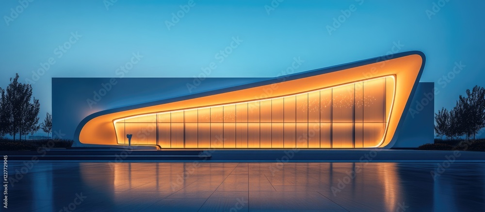 Aufkleber modern abstract building facade illuminated at twilight reflecting on water with clear space for cop