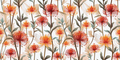  A seamless floral design featuring golden-hued flowers and delicate green leaves on a soft, neutral background, perfect for various decorative and artistic applications.