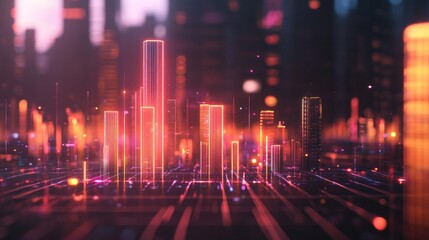 Fototapeta premium A futuristic D bar chart displaying rising financial data, with glowing bars and grid lines, representing profits and investment growth.