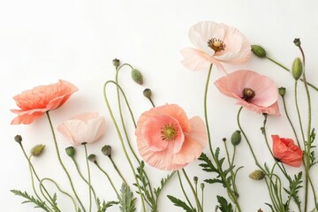 Fototapeta premium Poppy blooms in soft pastel shades against a crisp white background, natural beauty, abstract flower, poppies, gentle hues