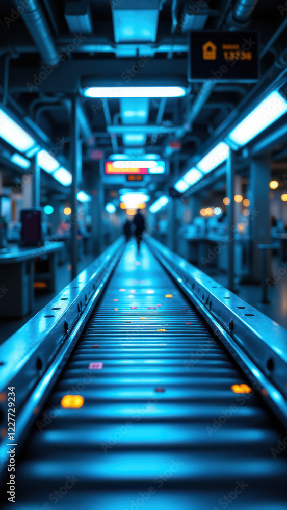 Poster an image of a futuristic transportation hub featuring high-tech walkways with lighted steps at night
