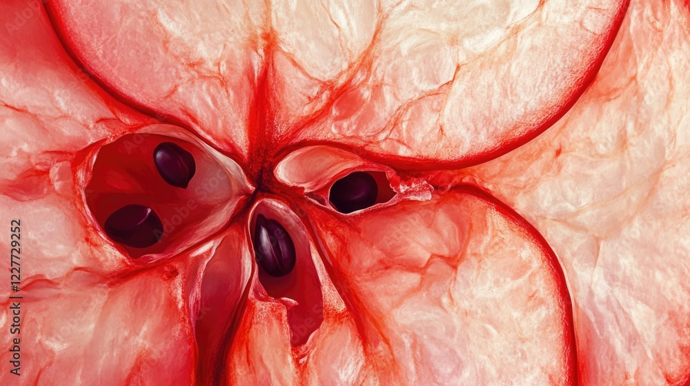 Poster close-up of a sliced red apple highlighting its intricate internal structure and vibrant coloration 
