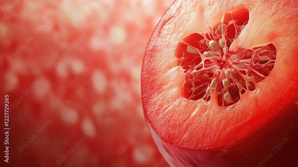 Poster sliced red apple showcasing intricate internal structure and seeds on a blurred red background