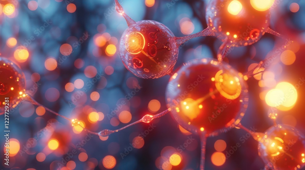 Poster close-up view of vibrant glowing cells interconnected in a colorful abstract environment