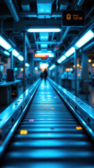 An image of a futuristic transportation hub featuring high-tech walkways with lighted steps at night.