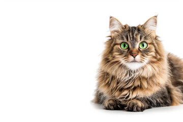A fluffy cat with striking green eyes, sitting on a white background.