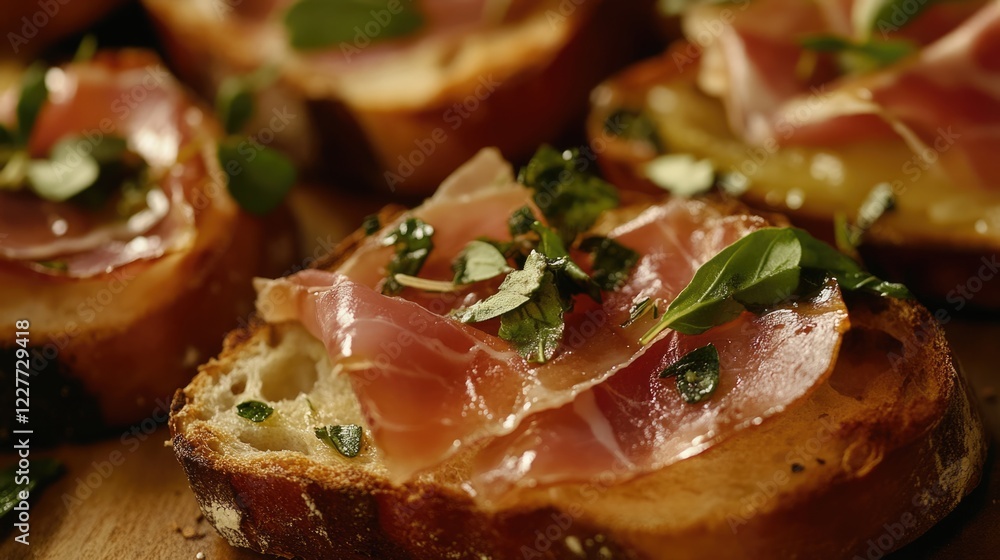 Aufkleber sliced prosciutto on rustic bread topped with fresh herbs creating a delicious appetizer display