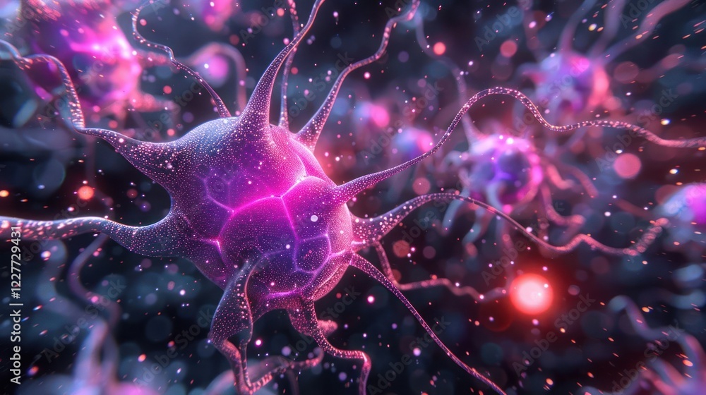 Poster close-up view of vibrant neurons with intricate details and glowing effects in a dark background