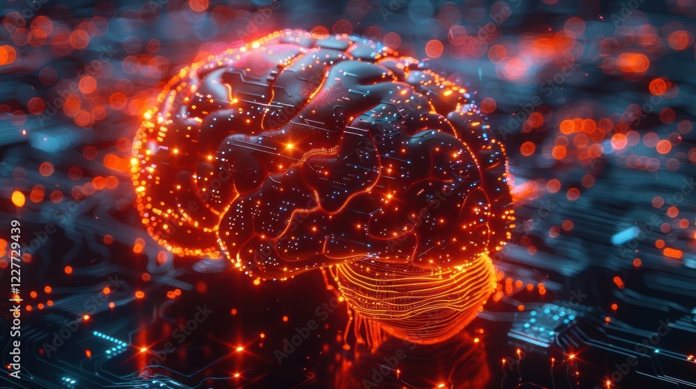 Poster futuristic digital brain glowing with circuits and lights, set against a tech-inspired background