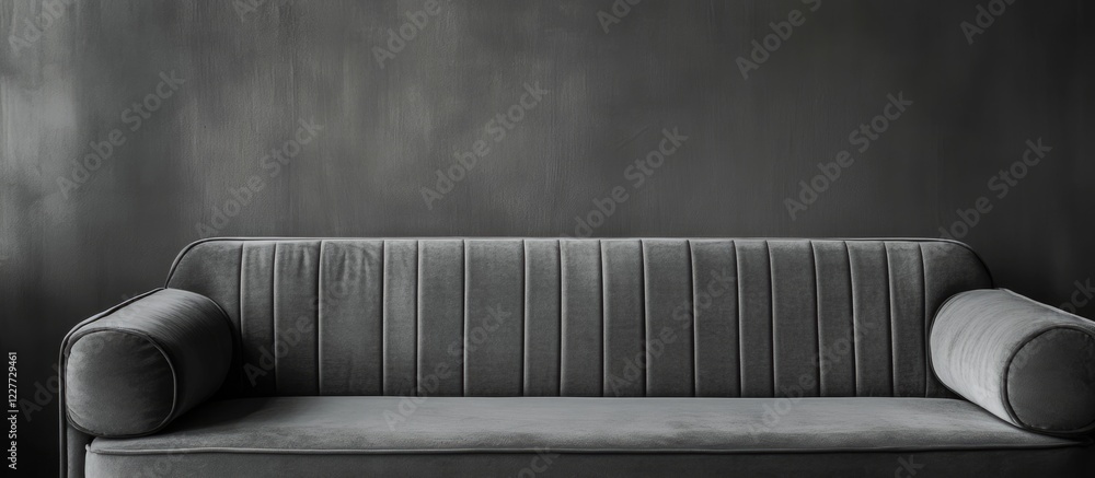Poster gray sofa with cushions in minimalist scandinavian interior design featuring an empty background for
