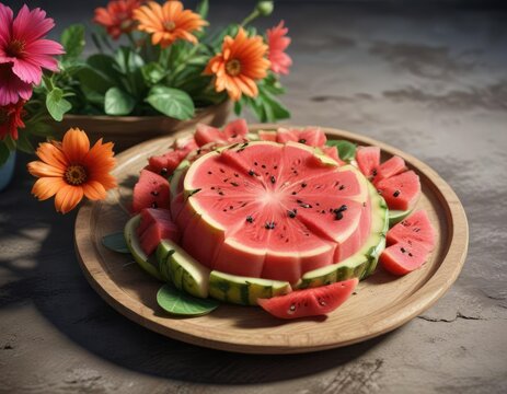 Plato decorado con trozos de sandia y flor de jengibre, ginger flower, breakfast decoration, Asian-inspired presentation