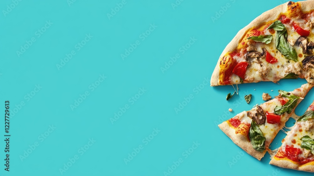 Poster sliced pizza on a vibrant blue background with ample empty space for text or design placement
