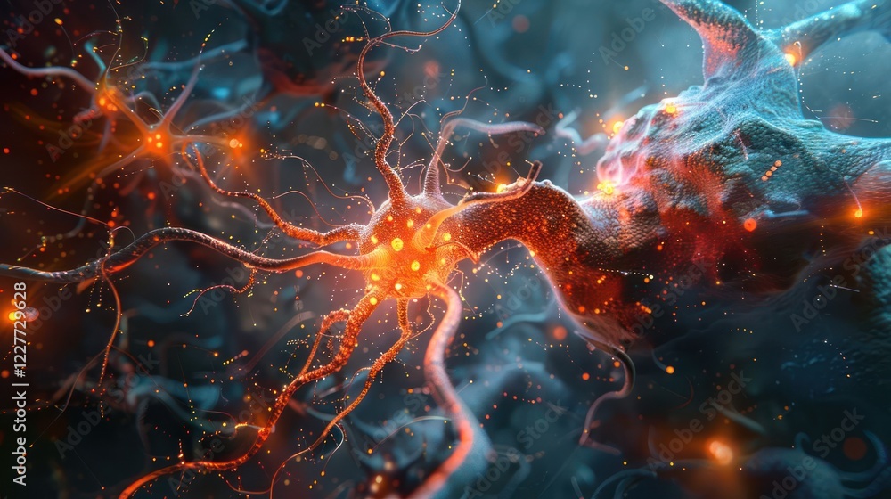 Poster close-up view of interconnected neurons with vibrant colors and glowing synapses in a digital enviro